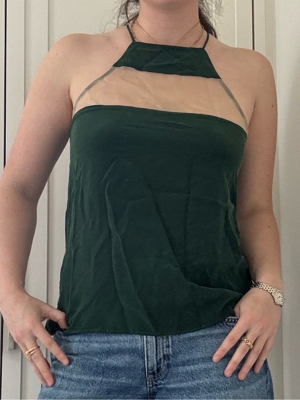 Cami NYC 100% Silk Halter Top Forest Green Nude Mesh Panel Size S